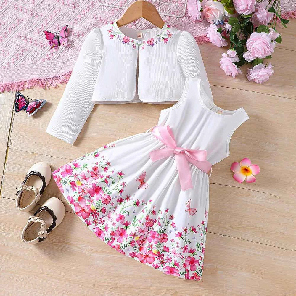 Kids Casual Clothing Sets Outfits for Girls Autumn Winter 2024 New Toddler Floral Print Long Sleeve Coat Tank Dress Children