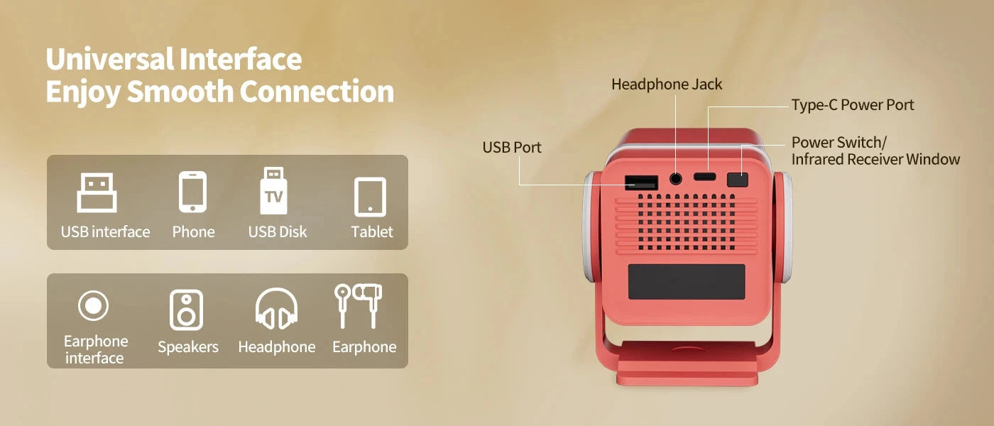 DESS Projector 4K Mini Portable Build-in Apps WIFI6 Mirror SmartPhone For 4K Video Home Cinema Projector Outdoor Rotatable 180°