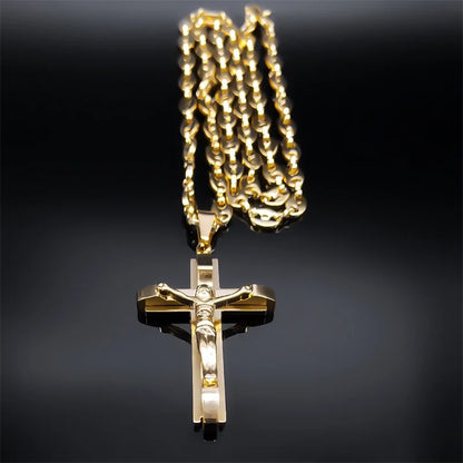 Jesus Cross Crucifix Pendant Necklace for Men Stainless Steel Gold Color Christian Coffee Bean Chain Jewelry croix chrétienne - AMULET RING STORE