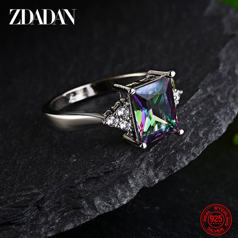 ZDADAN 925 Sterling Silver Square Aquamarine Ring For Women Fashion Wedding Jewelry