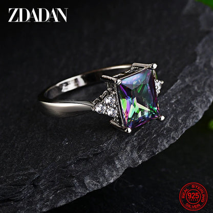 ZDADAN 925 Sterling Silver Square Aquamarine Ring For Women Fashion Wedding Jewelry