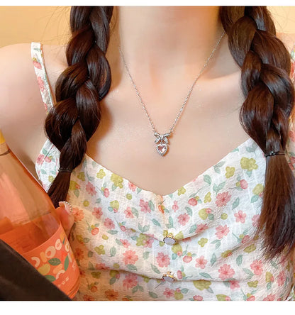 Korean Fashion Pink Crystal Heart Bow Tie Pendant Necklace Silver Color Chain Neck Necklace for Women Wedding Aesthetic Jewelry