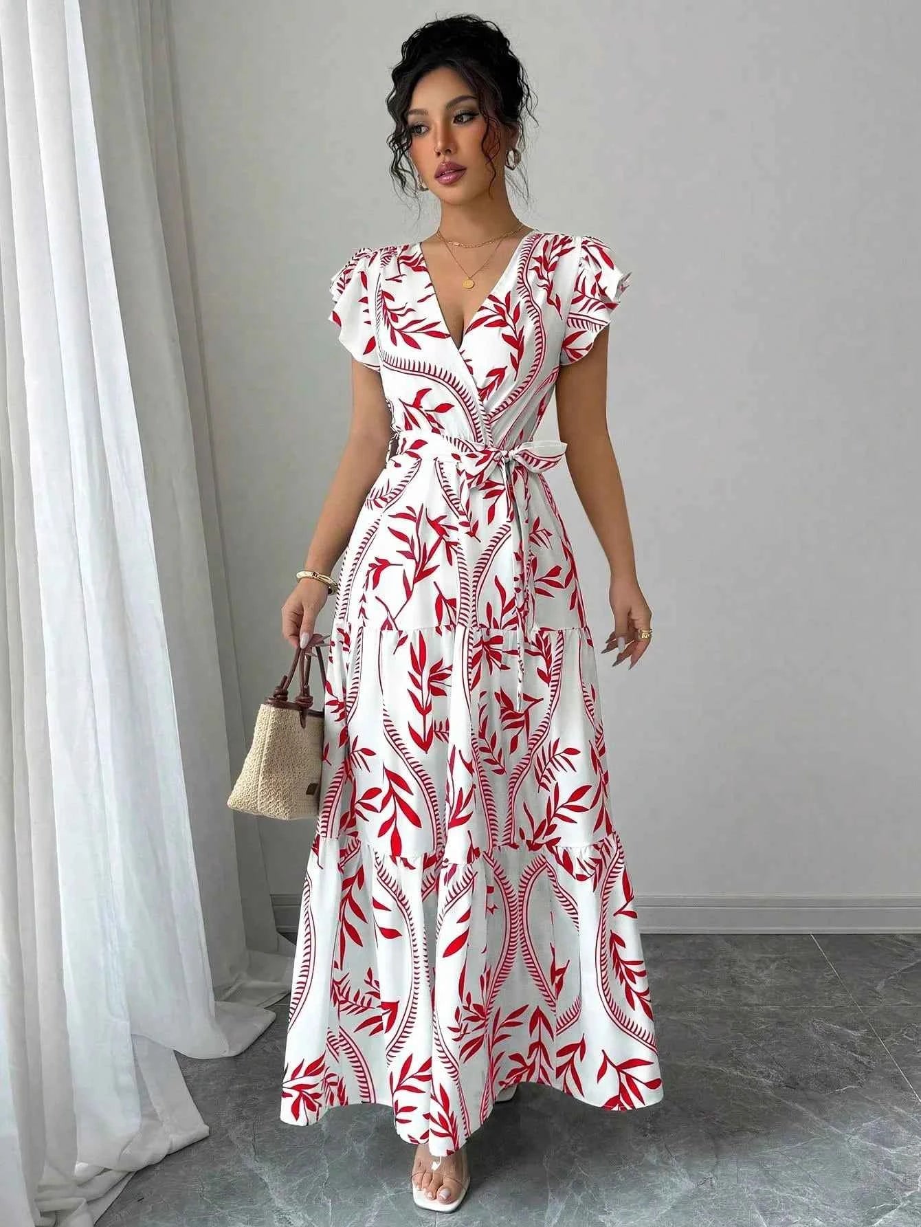 New Summer Women's Printed Lace-up Dress,Short Sleeved Dresses,White Dresses,Elegant Dresses For Ladies,Woman's 2025 Clothing