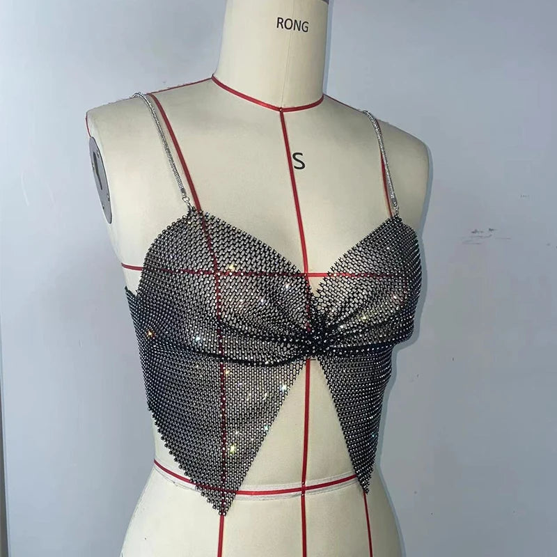 Summer Women Elastic Fishnet Crop Top Glitter Rhinestone Mesh Fine Flash Shoulder Strap V Neck Tank Top Rave Festival Camisole - AMULET RING STORE