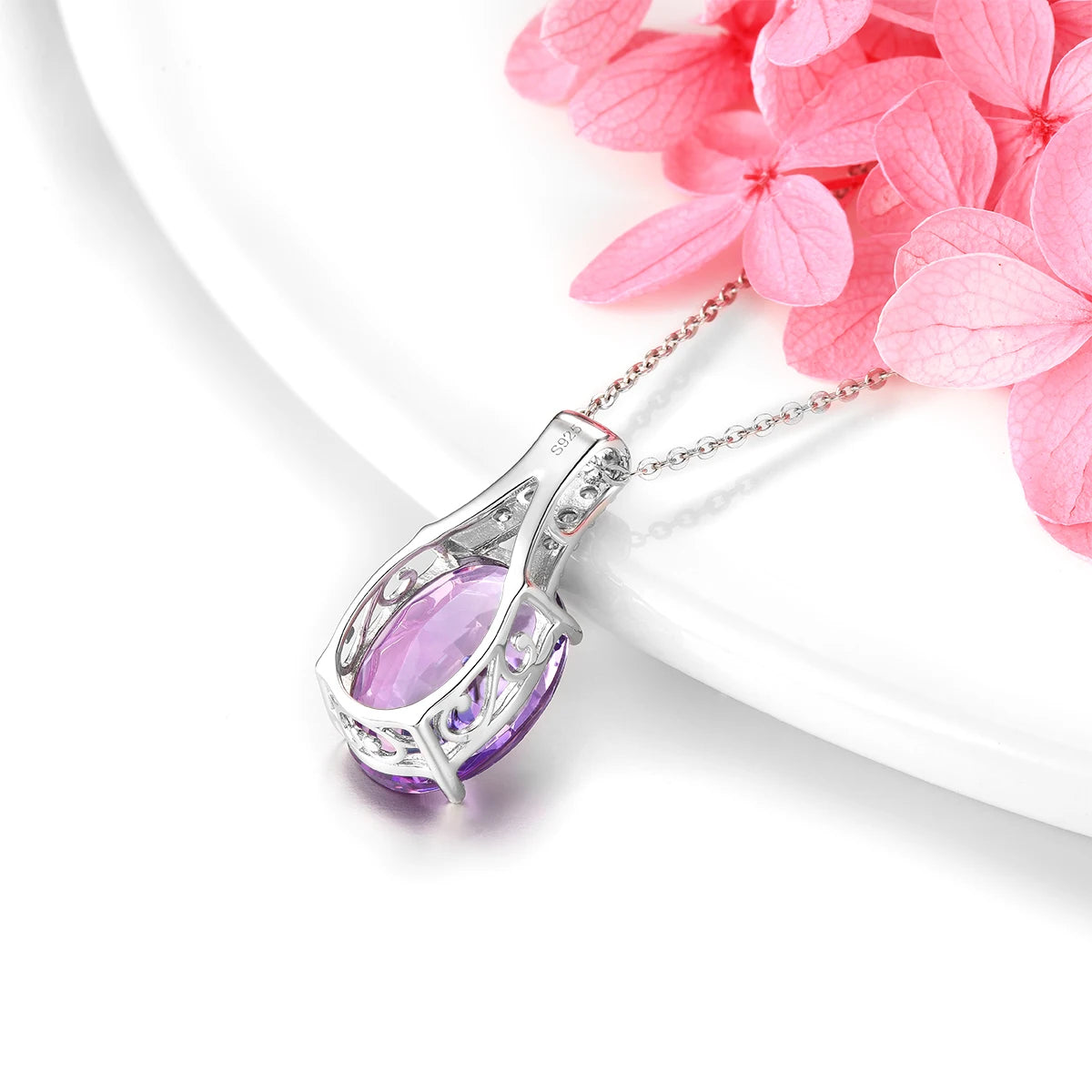 Natural Amethyst Sterling Silver S925 Rhodium Plated 8.5 Carats Genuine Birthstone Big Size Quarts Birthday Gift for Women