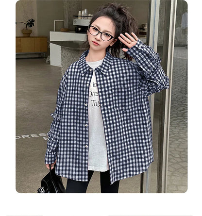2025 Spring Girls Plaid Shirt Comfort Fashion Teen Kids Tops Clothes Casual All-match Long Sleeve Children Blouse 10 12 13 Years