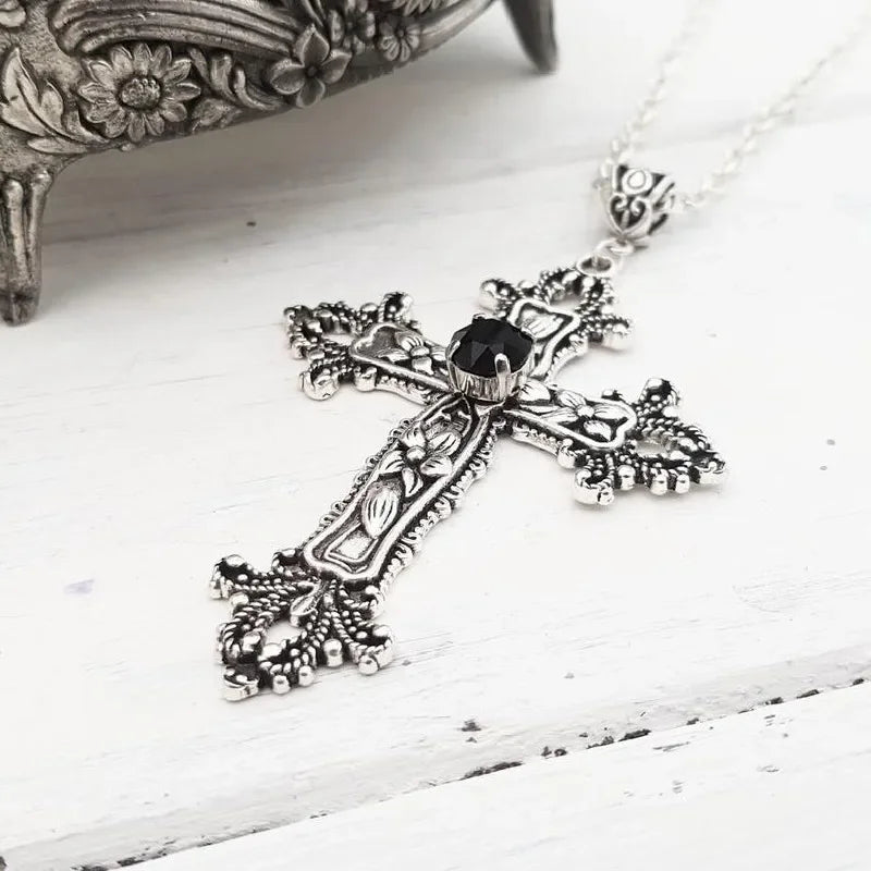 Large Detailed Cross Black Drill Jewel Necklace Silver Color Tone Pendant Goth Punk Jewellery Fashion Charm Statement Women Gift - AMULET RING STORE