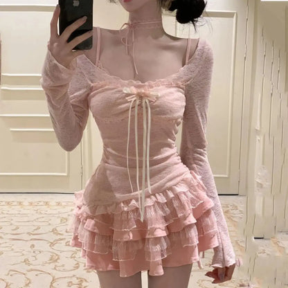 Gagarich 2025 Girl Temperament Pure Desire Style Lace Sweet New Suspender Long Sleeve Cardigan Dress Set Two-piece Set Women