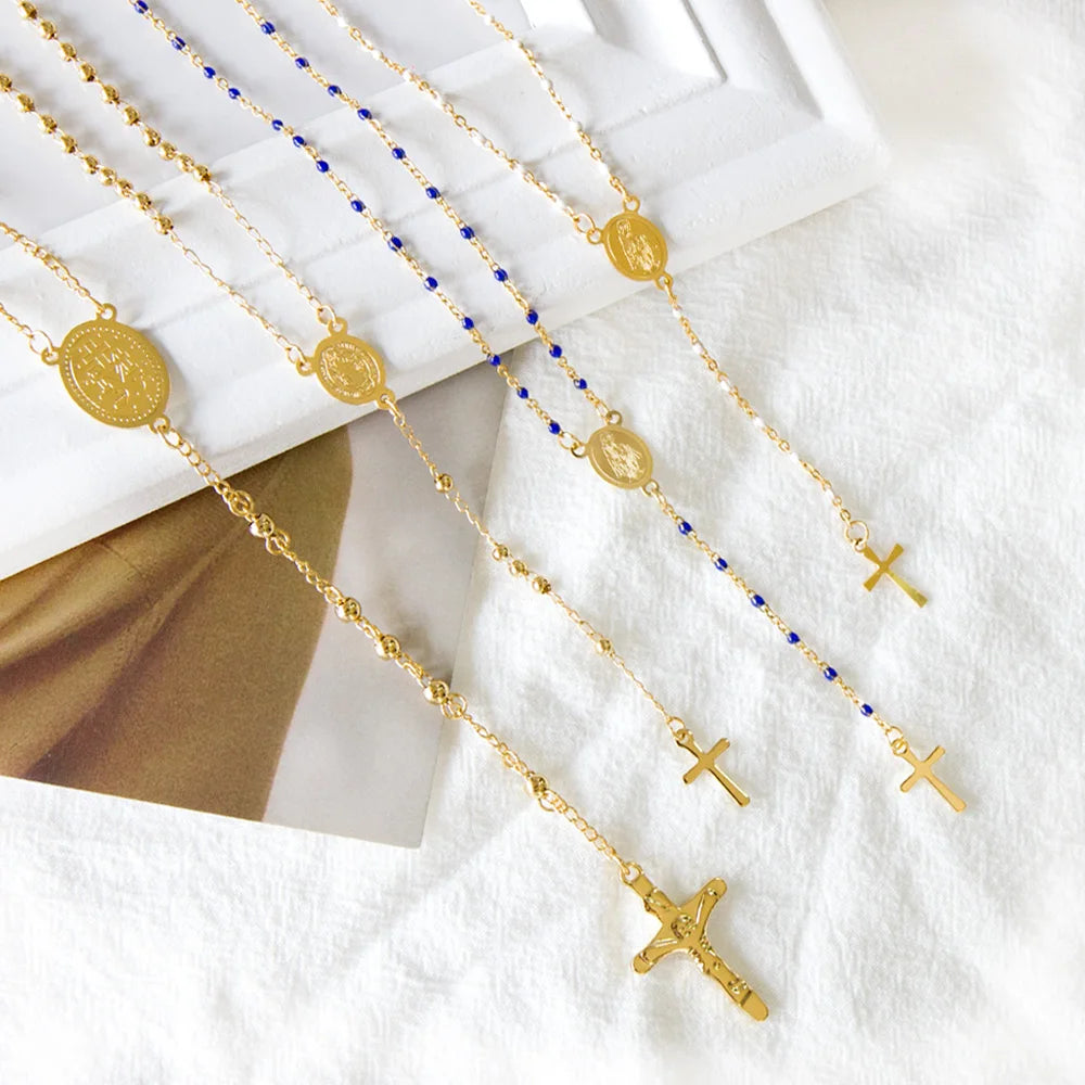 ASONSTEEL Long Scapular Catholic Rosaries Beads Christian Cross Jesus Pendant Necklaces Stainless Steel For Women Men Jewelry