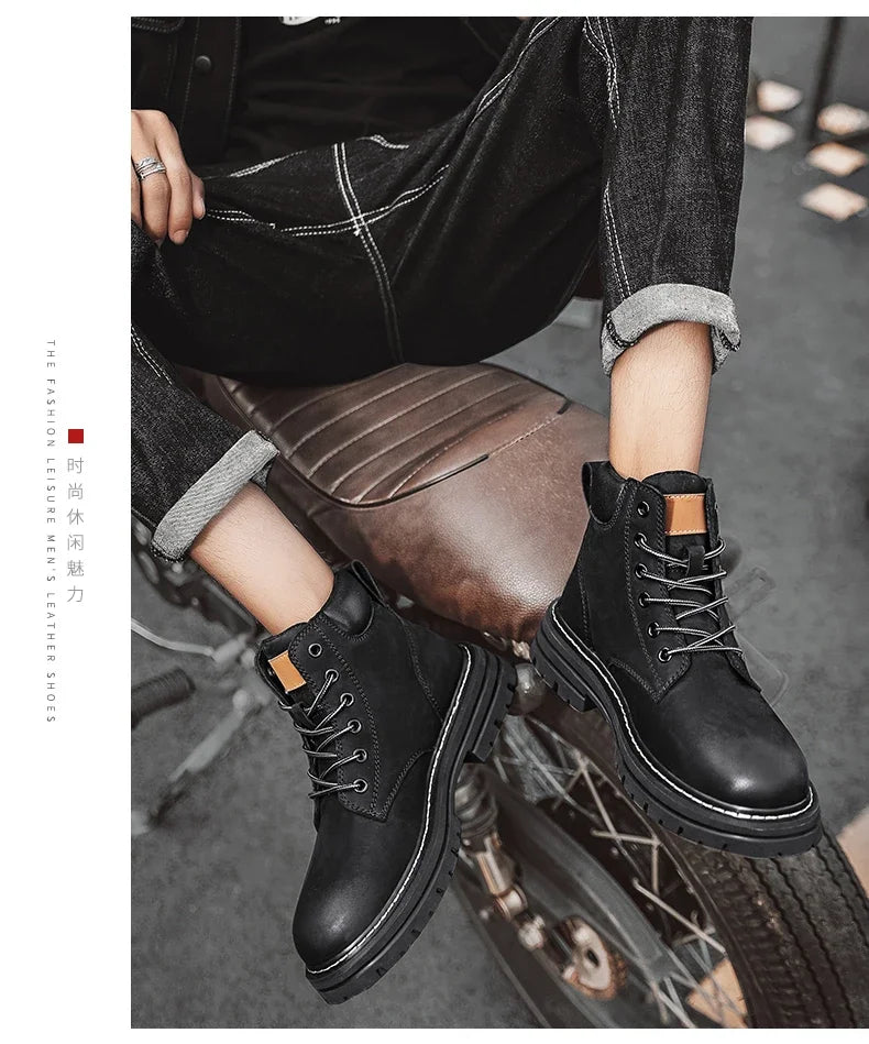 Boots Men High Top Boots High Quality Women Leather Shoes Fashion Outdoor Sneakers Men Lace Up Non-Slip Ankle Boots for Couple - AMULET RING STORE