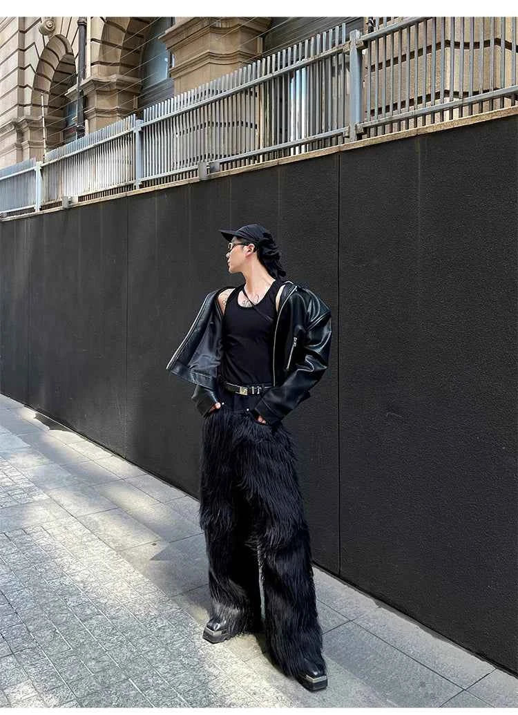 Mauroicardi Autumn Winter Long Black Thick Warm Hairy Shaggy Faux Fur Wide Leg Pants for Mens Luxury Designer Clothes Streetwear