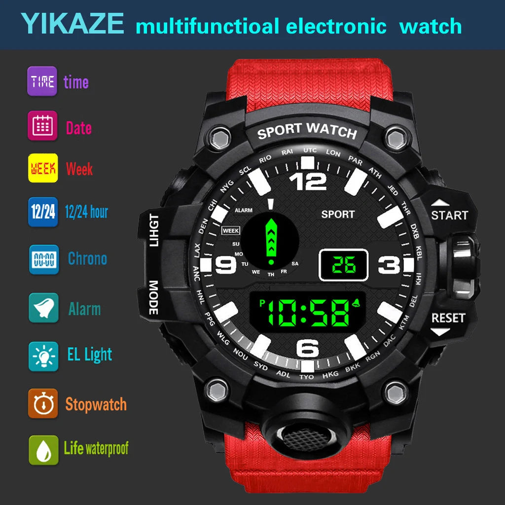 Fashion Men's Watch Sports Electronic Wristwatch Large dial Multifunctional Waterproof Luminous Alarm Kids Male's Military Watch - AMULET RING STORE