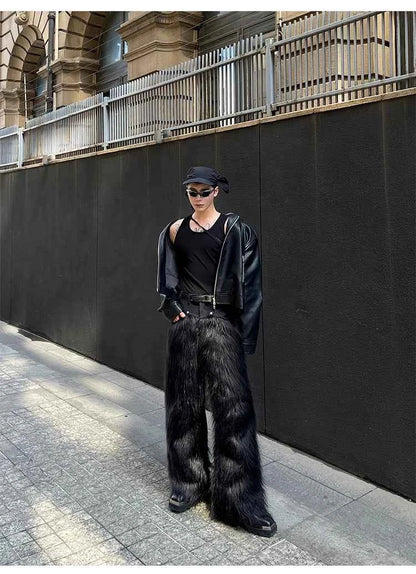 Mauroicardi Autumn Winter Long Black Thick Warm Hairy Shaggy Faux Fur Wide Leg Pants for Mens Luxury Designer Clothes Streetwear