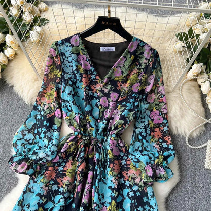 2026 Romantic Floral Print Chiffon Long Sleeve Dress Women Sexy V-neck A Line Beach Vestidos Elegant Elastic Waist Party Dress