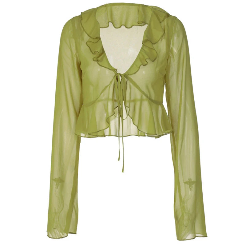 Vintage 90s Streetwear Ruffles Trim Green Chiffon T-shirts Y2K Fashion Sexy Deep V Lace Up Long Sleeve Tops Transparent - AMULET RING STORE