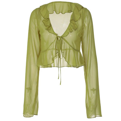 Vintage 90s Streetwear Ruffles Trim Green Chiffon T-shirts Y2K Fashion Sexy Deep V Lace Up Long Sleeve Tops Transparent - AMULET RING STORE