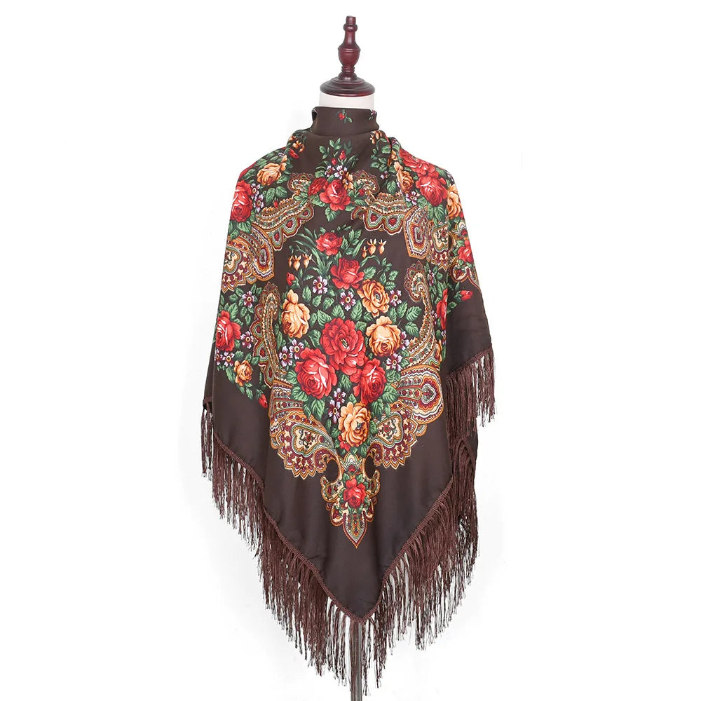 Russian Scarf Head Wrap for Women Luxury Ukrainian Manila Shawls Folk Cotton 160cm National Shawl Floral Print Travel Bandana - AMULET RING STORE