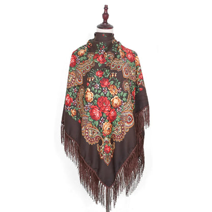 Russian Scarf Head Wrap for Women Luxury Ukrainian Manila Shawls Folk Cotton 160cm National Shawl Floral Print Travel Bandana - AMULET RING STORE
