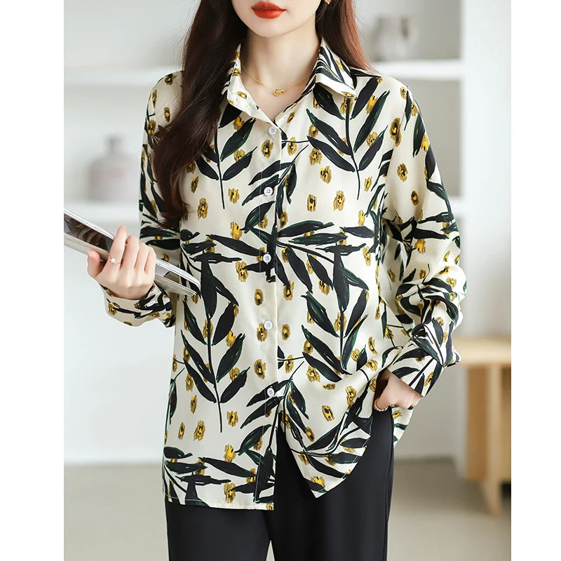 2025 Spring Autumn New Office Lady Blouse Fashion Floral Printed Shirt Turndown Collar Med-Length Long Sleeve Women Tops