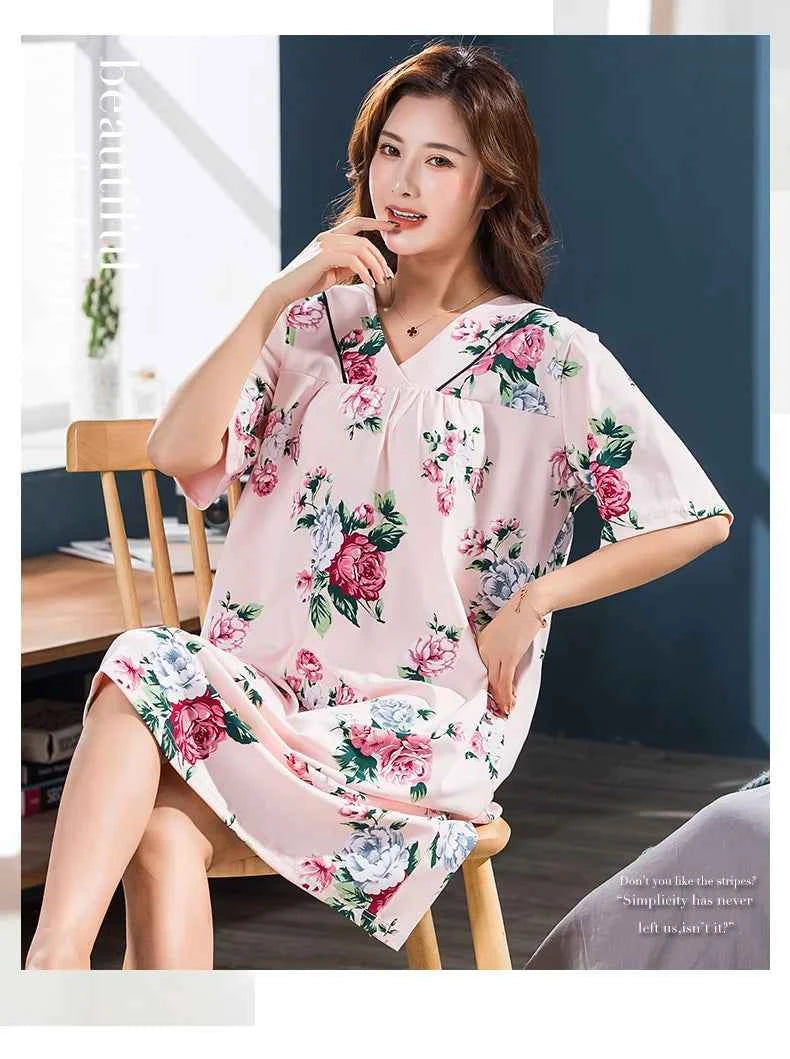 2025 Summer Small Floral Night Dress Women Nightgown Big Yards 3XL Sleepshirts Short-sleeves Nightie Nightdress Cotton Sleepwear