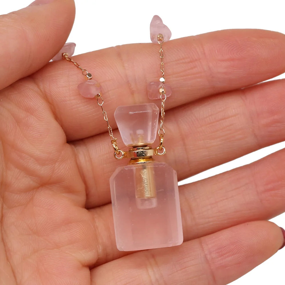 Natural Stone Rose Quartz Perfume Bottle Essential Oil Diffuser Reiki Healing Exquisite Necklace Jewelry Gift - AMULET RING STORE