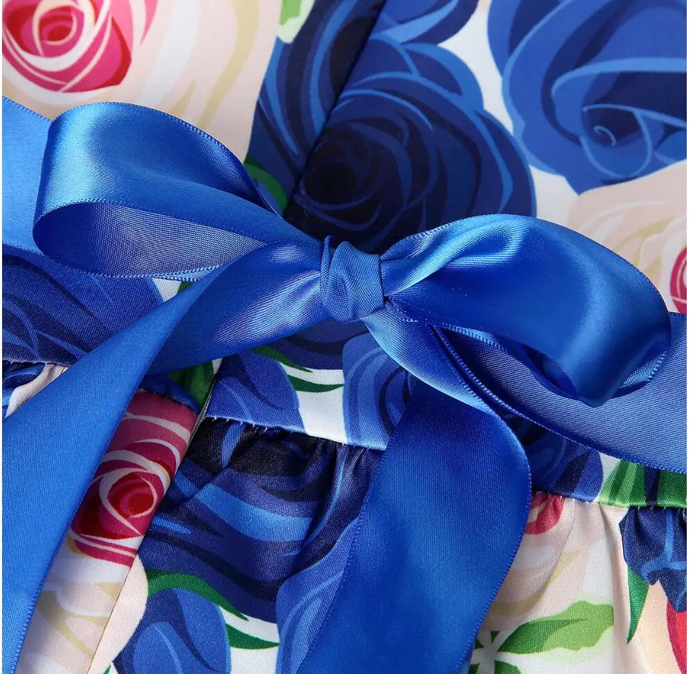 Summer Girls Rose Print Dress Princess Wedding Birthday Party Frocks Satin Children Vestidos Dresses For Girl Christmas Clothing