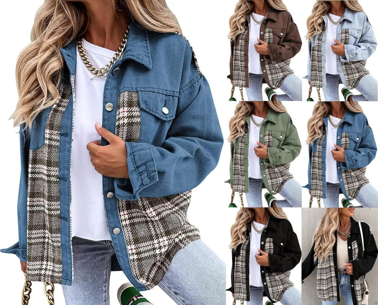 Autumn and Winter Long Sleeved Plaid Color Block Shaking Button Shirt Collar Denim Jacket for Women - AMULET RING STORE