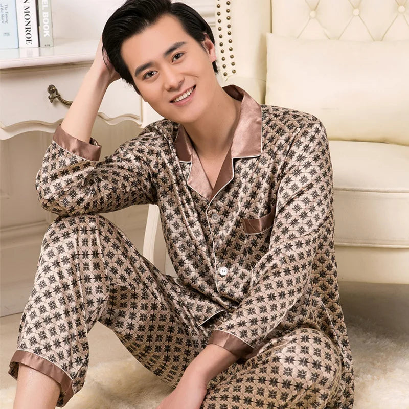 High Quality Pajamas Set Men Spring Autumn Thin Polyester Ice Silk Long-sleeved Sleepwear Plus Size Summer Home Clothes Male