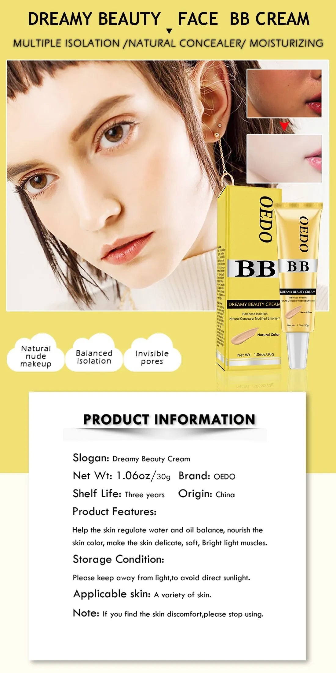 Dreamy Beauty Cream Makeup Natural Concealer BB Cream Face Care Modified Emollient Easy to Wear Sun Block Whitening Cream 30g - AMULET RING STORE