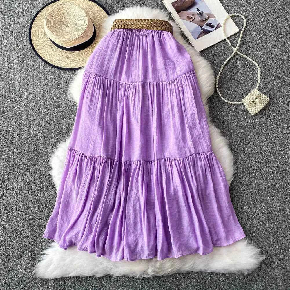 White High Waist A-Line Midi Skirt Women's Summer Casual Flared Cake Skirt Korean Sle Baking Poer Skirt for Young Women