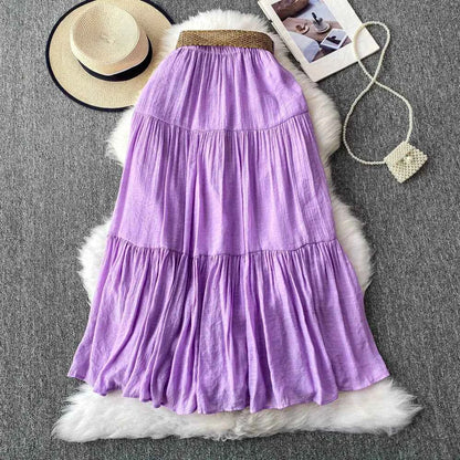 White High Waist A-Line Midi Skirt Women's Summer Casual Flared Cake Skirt Korean Sle Baking Poer Skirt for Young Women