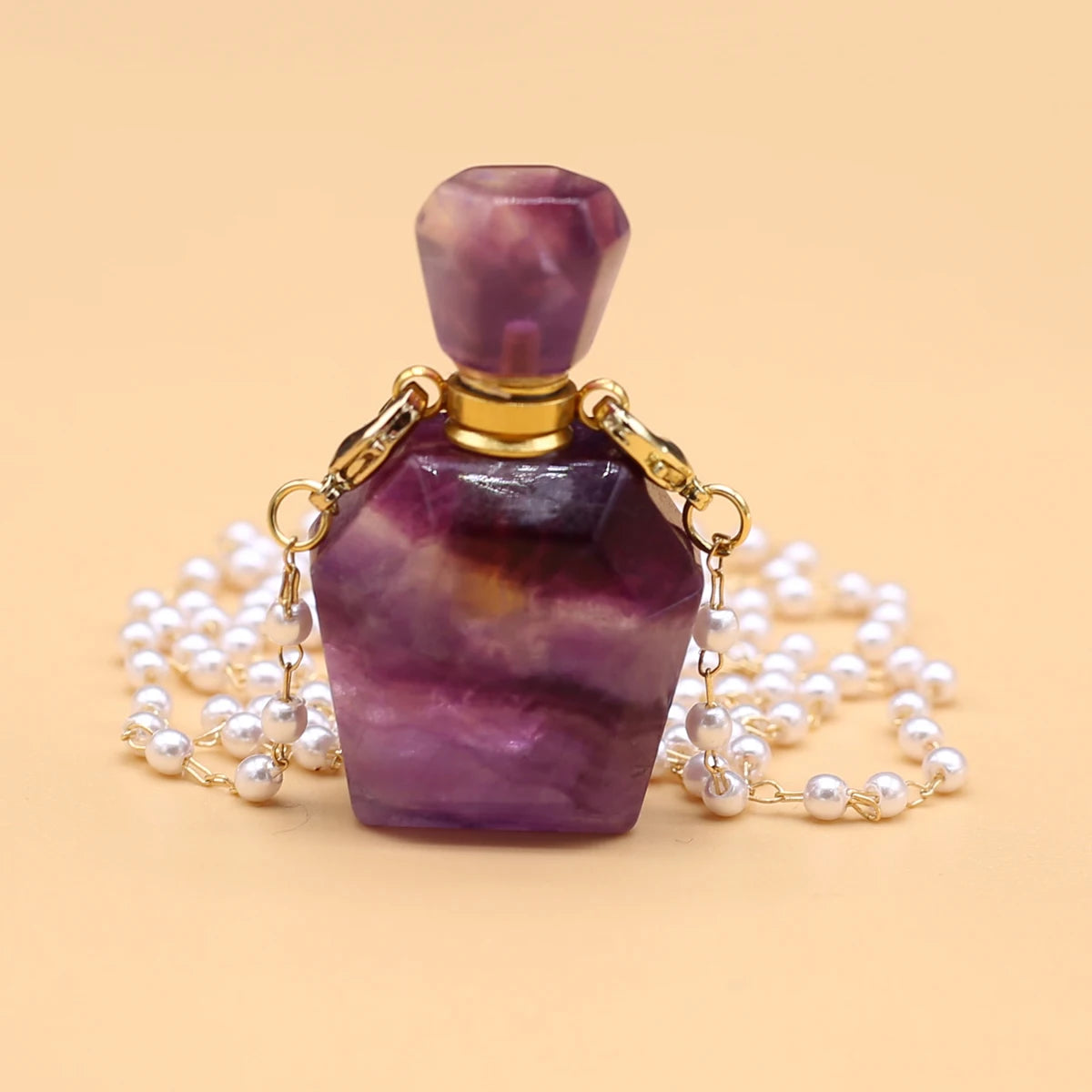Natural Amethysts Perfume Bottle Pendant Necklace Pearl Chains Essential Oil Diffuser Agates Pendant Necklace For Women Jewerly - AMULET RING STORE