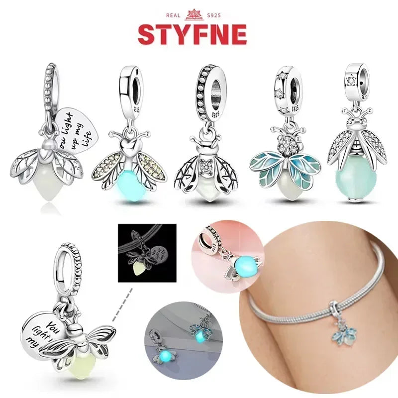 S925 Silver Glow-in-the-dark Firefly Charm Pendant Fit Original Charms Bracelet Gift Beads for Women Diy Fine Jewelry Gifts - AMULET RING STORE