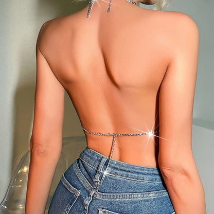 Women Sexy Sequins Tassels Halter Crop Top Glitter Backless Camisole Body Chain - AMULET RING STORE