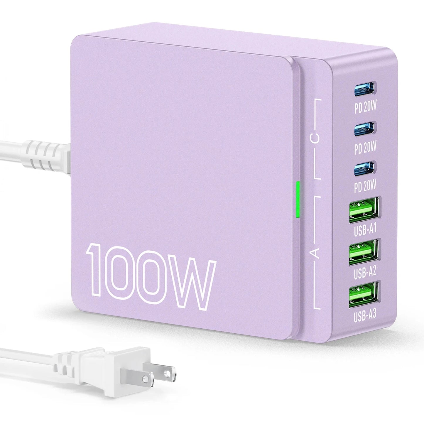 USB C Charging Station:100W 6-Port GaN Fast Charging Hub-PD 3.0 Type C and USB A Charging Case-Wall Charger Power Adapter-Purple
