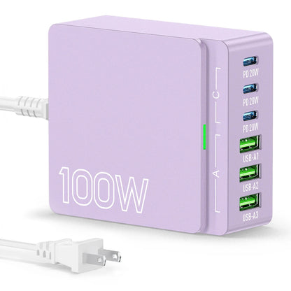 USB C Charging Station:100W 6-Port GaN Fast Charging Hub-PD 3.0 Type C and USB A Charging Case-Wall Charger Power Adapter-Purple