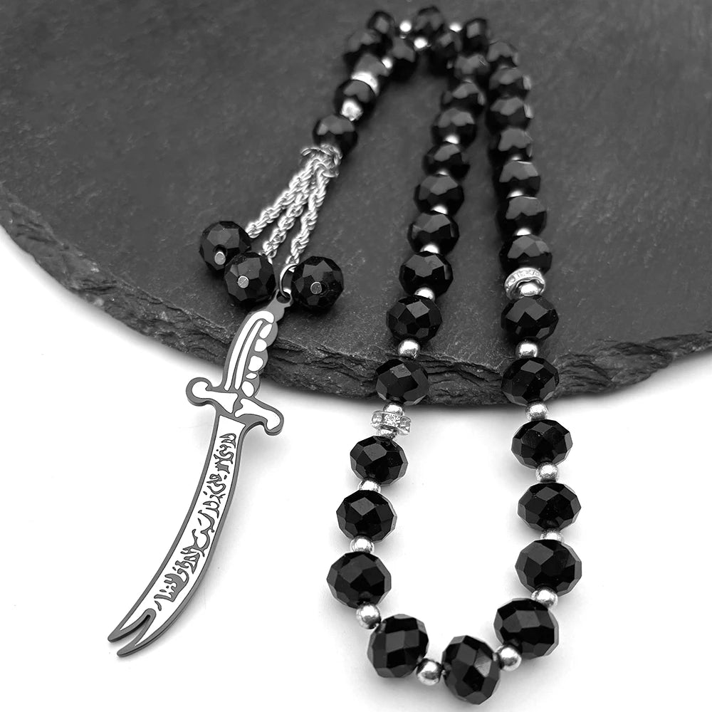 Islamic Imam Ali Zulfiqar Sword Car Pendant for Women Men Stainless Steel Gold Color Arabic Religion Blue Glass Chain Jewelry