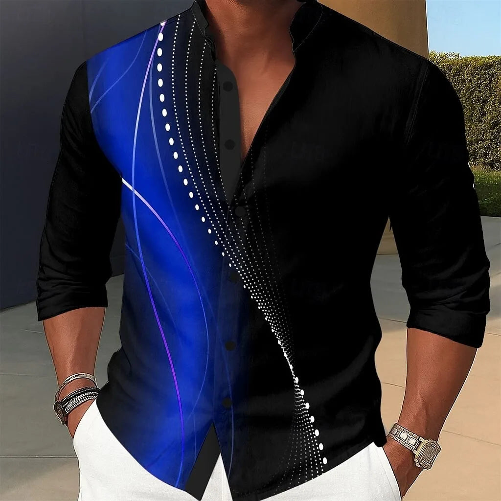 Men's Long Sleeve Geometric Lines Shirt Gradient Color Button Short Sleeve Casual Fashion 3D Printed Flap Collar Shirt