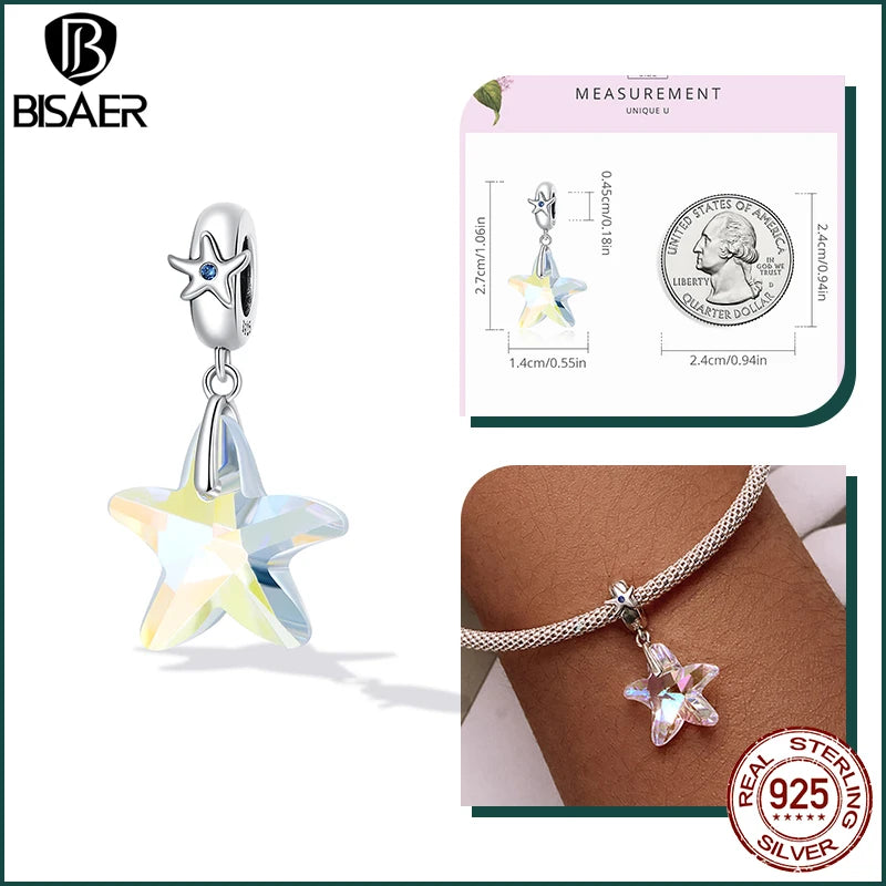 BISAER 925 Sterling Silver Charm Ocean Style Fish Dolphin Mermaid Shell Blue CZ Bead For Necklace&Bracelet DIY Fine Jewelry Gift - AMULET RING STORE