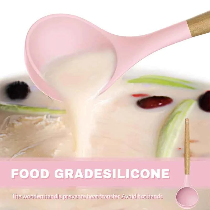 Silicone Cookware Set 12pcs Kitchen Utensil Wooden Handle Non-stick Spatula Shovel Spoon Kitchen Cooking Specialty Tools