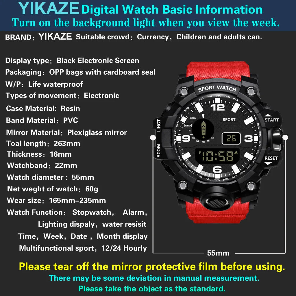 Fashion Men's Watch Sports Electronic Wristwatch Large dial Multifunctional Waterproof Luminous Alarm Kids Male's Military Watch - AMULET RING STORE