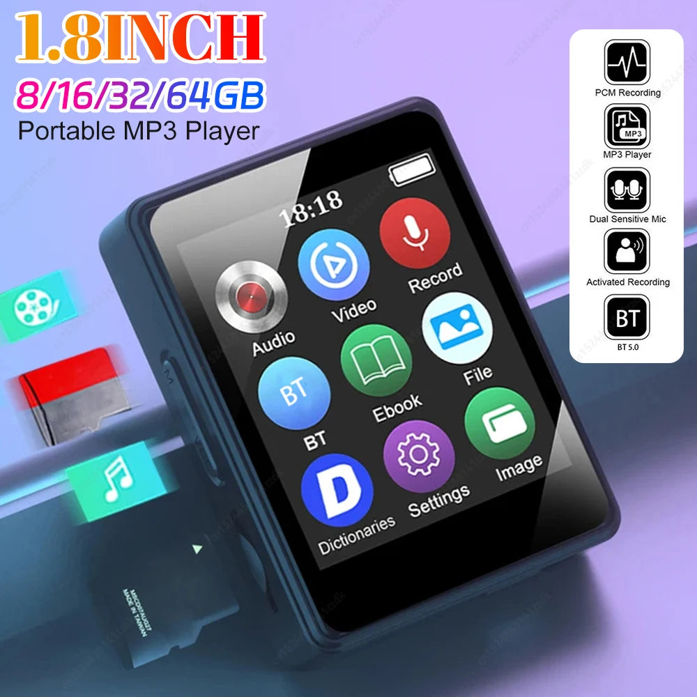 8/16/32/64GB Bluetooth MP4 MP3 Player Bluetooth 5.0 Music Stereo 1.8inch Screen MP3 With Speaker Video Playback FM Radio Recordi
