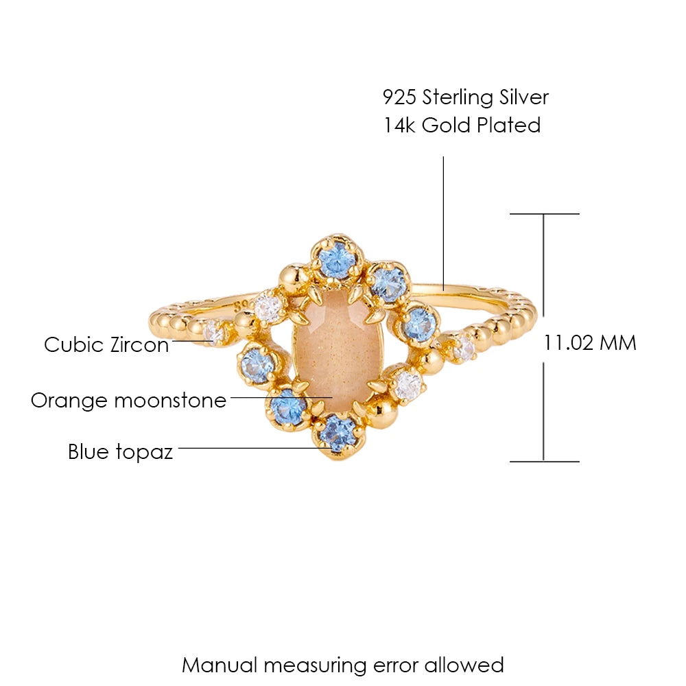 LAMOON Vintage Natural Orange Moonstone Ring For Women Exquisite Luxury Court Style 925 Sterling Silver Gold Plated Fine Jewelry