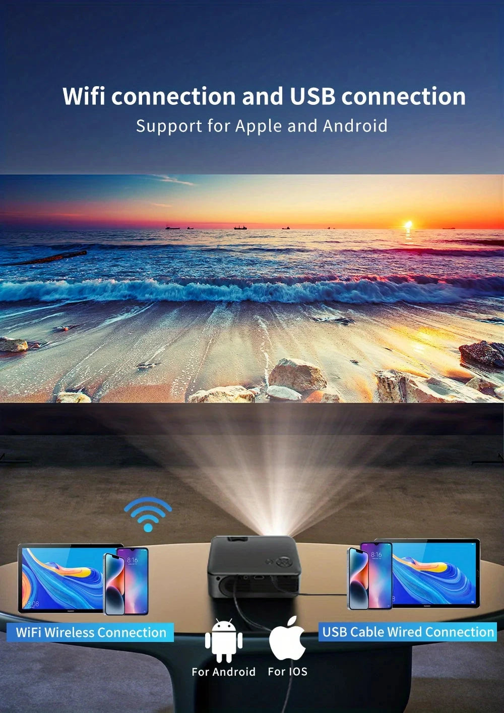 The YERSIDA A30C Wifi Mini Projector Cinema Syncs mobile phone with screen portable projector home supports 1080P movie projecto