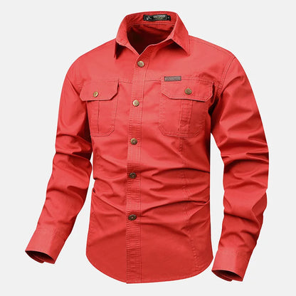 Retro Cargo style Men's Long Sleeve Shirt With Pocket Design, Men'sCasual Button Up Shirt For Spring Fall Qutdoo