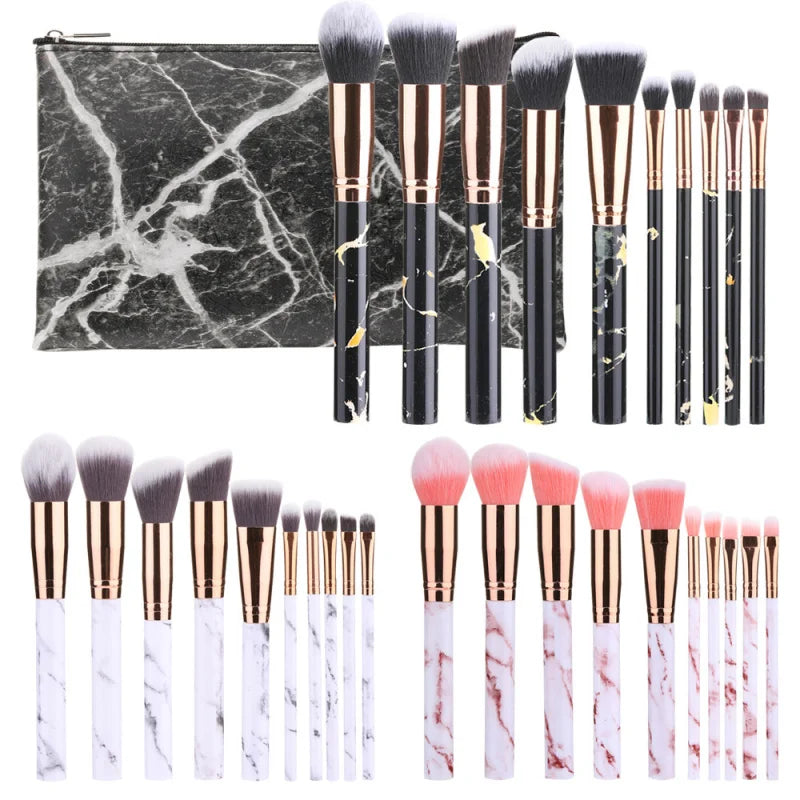 New10Makeup Brush Set Full Set Marble Pattern Beauty Tools Set Blush Eyeshadow Brush - AMULET RING STORE