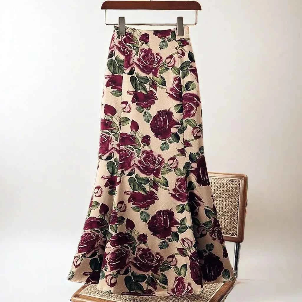 Rose Floral Print Vintage Elegant Chic A-line High Waist Trumpet Women's Skirt Mid-Calf Long Skirts For Women Clothing Fashion