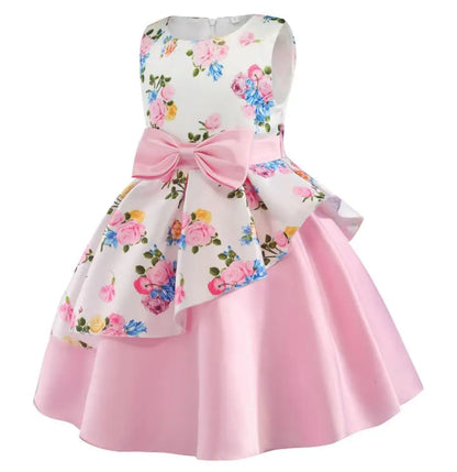 Summer Girls Rose Print Dress Princess Wedding Birthday Party Frocks Satin Children Vestidos Dresses For Girl Christmas Clothing