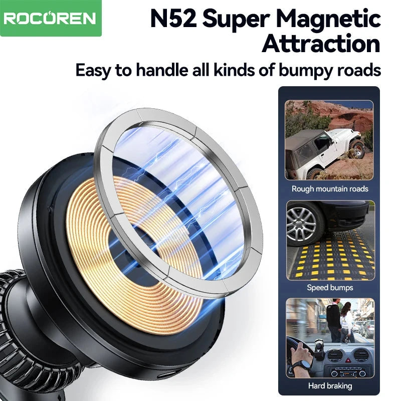 Rocoren Magnetic Car Phone Holder Fast Charging Wireless Charger With RGB light Magnet Car Stander For iPhone 15 14 13 Pro Max