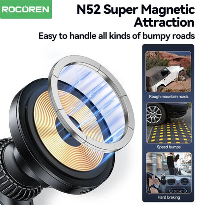 Rocoren Magnetic Car Phone Holder Fast Charging Wireless Charger With RGB light Magnet Car Stander For iPhone 15 14 13 Pro Max